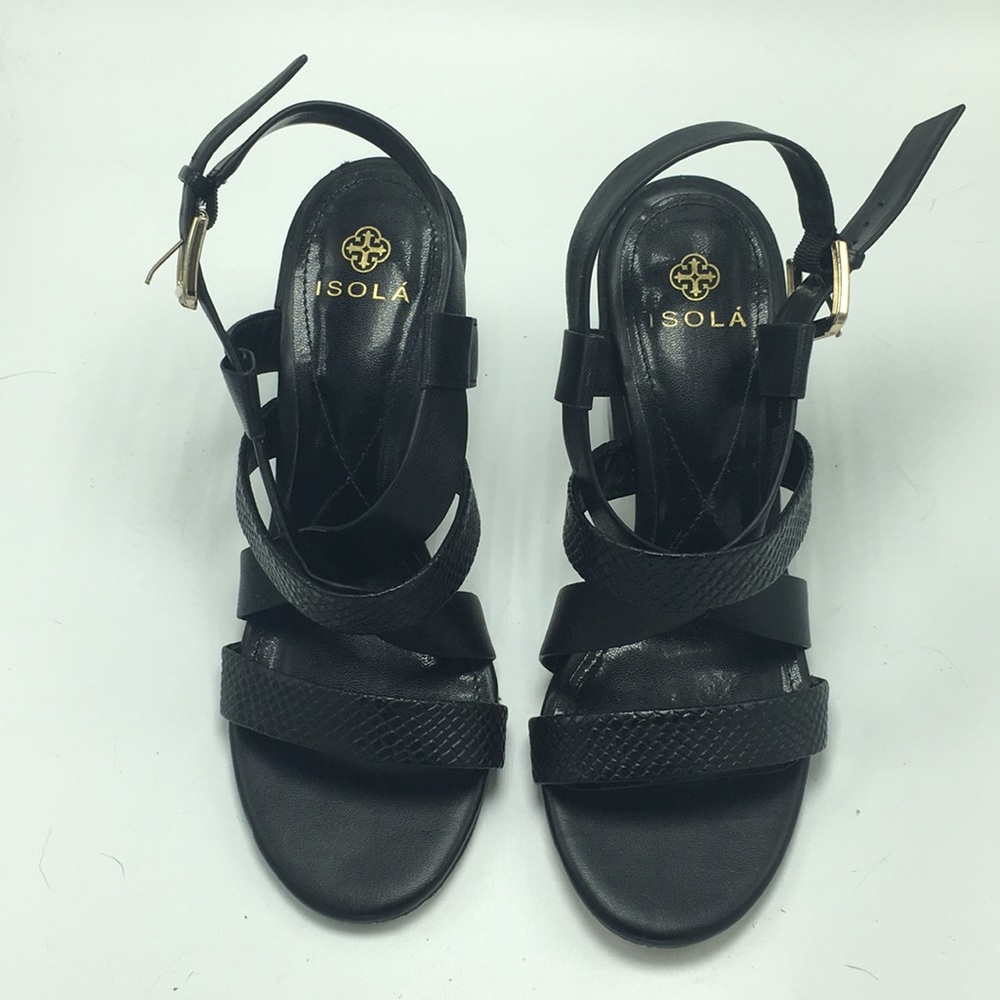 Isola Black Leather Strappy Slingback Heels, 7.5